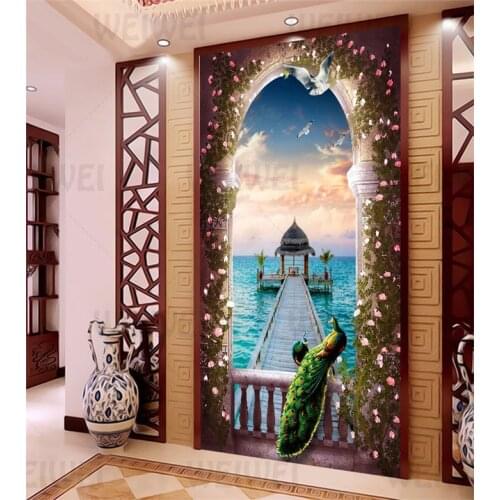 Flower Window Balcony Door Stickers Peacock Home Decor Pavilion Door Decals Dreamy Scenery Modern Bedroom Decoration Waterproof