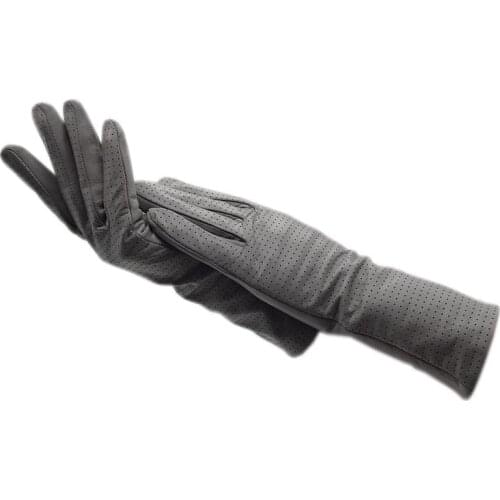Autumn and winter ladies fashion punching leather gloves light gray sheepskin new warm genuine leather driving motorcycle gloves