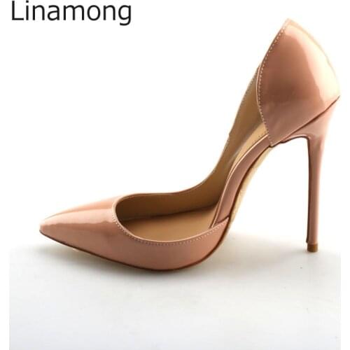 Sexy Women Celebrity Nude Shiny Leather Half Notch Pointed Toe Pumps Ladies Party Stiletto High Heels Shoes Pumps for Ladies