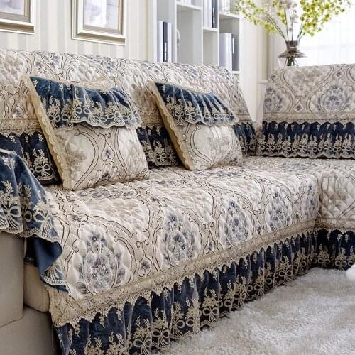 Luxury Royal Sofa Cover Cotton Linen Slipcover Blue Jacquard Sofa Towel Non-slip Cushion Backrest Pillow Case Combination Kit C3