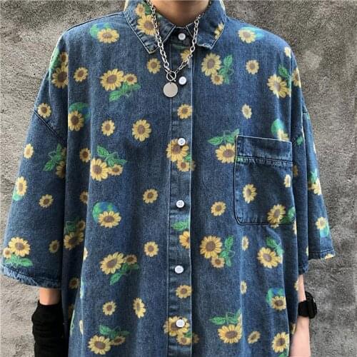 Men Shirts Streetwear Denim Shirt Short Sleeves Sunflower Print Harajuku Fashion Casual Short Sleeve Loose Hip Hop Top