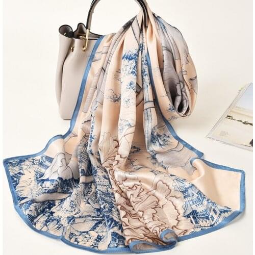 Real Silk Satin Scarf Women Printed Hangzhou Silk Long Head Scarves Luxury Designer Pure Silk Shawl Wrap Foulard Femme 170x53cm