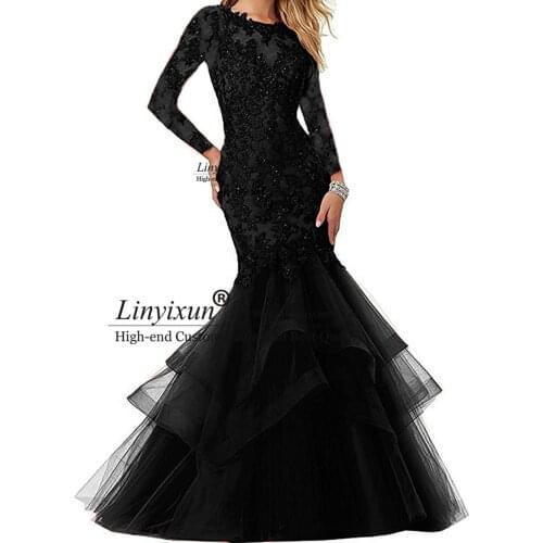 Sexy Black Prom Dresses Long Sleeves Scoop Neck Plunging Mermaid Evening Dress Long Real Images Evening Party Gowns Custom Made