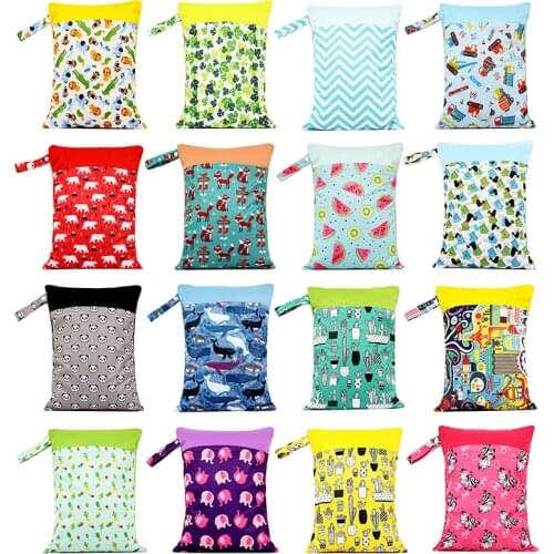30*40cm Waterproof Reusable Wet Bag Printed Pocket Nappy Bags Baby Diaper Bag With Two Zipper Pockets Baby Stroller Hanging Bag