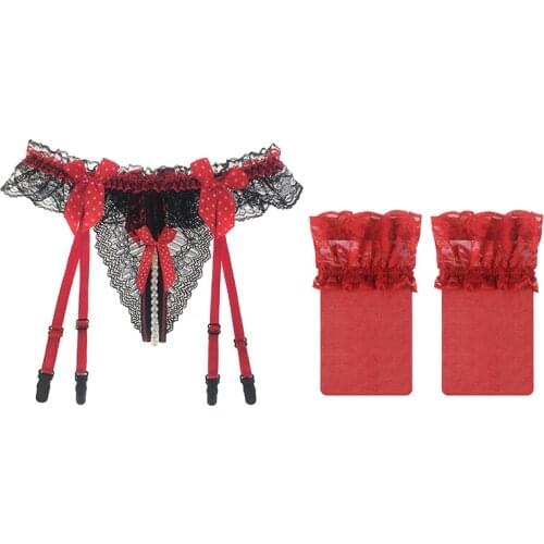 Women Sexy Lingerie Ruffle Lace Bowknot Garters Belt Crotchless Panties With Pearls For Lace Top Thigh High Stockings