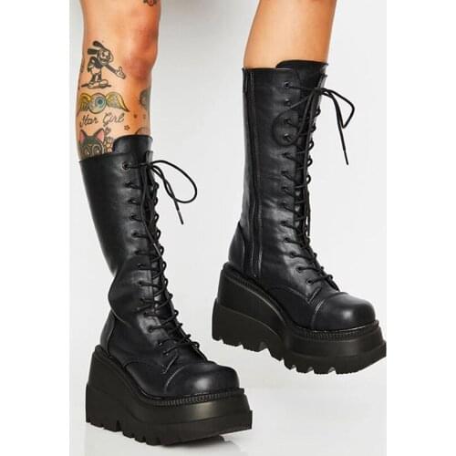 Women PU Boots Autumn Lace Up Casual Super High Wedges Boots Black Fashion Mid Calf Boots Ladies Boots Woman Leather Shoes Boots