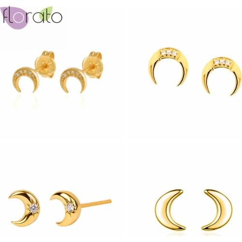 Mini 925 Sterling Silver Tiny Crescent Moon CZ Silver Stud Earrings Simple Gold Silver color Women Earrings Fashion Jewelry