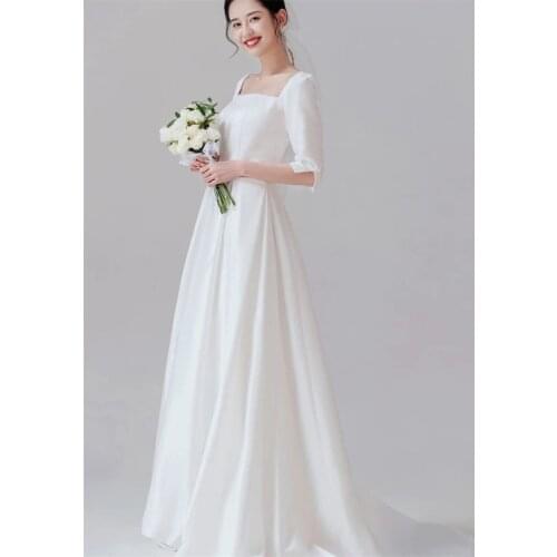 Sweep Train A-Line Satin Wedding Dress 2021 Elegant Simple Half Sleeve Square Neck Bridal Gowns vestidos de mairee Wedding