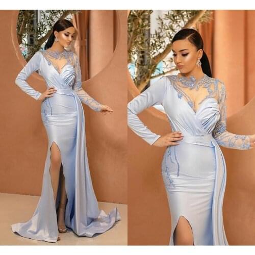 Elegant Sky Blue Mermaid Evening Dresses For Women Long Sleeve Side Slit Lace Beads Fashion Formal Party Wear Satin Prom Dress
