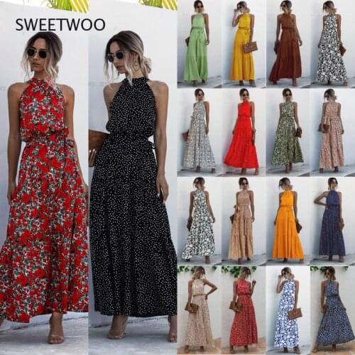 2021 European and American Womens Casual Commuter Elastic Waist 18 Colors 4 Yards Polka Dot Printing Halterneck Tie Dress Long