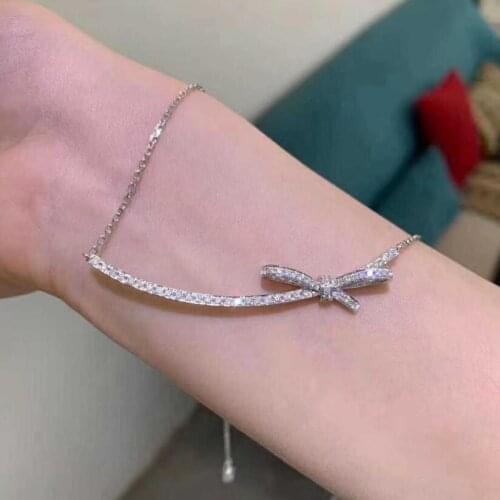 Exquisite Luxury Women 925 Sterling Silver Necklace Elegant Bow knot Full Smile Zircon Clavicle Sweater Chain Women Necklace