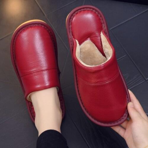 Winter Plush Home Slippers For Women Genuine Leather Indoor House Shoes Big Size Mens Slippers Ladies Luxury Flats Sandals