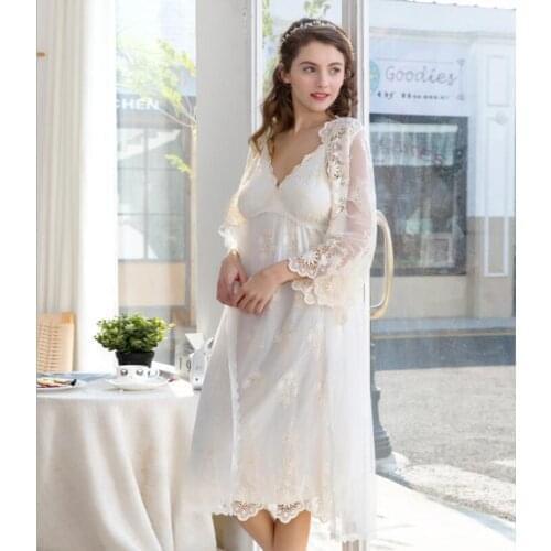 2 Pieces Sleepwear Women Night Wear Home Robe Gown Set Lace Robe Kimono Negligee Lace Nightie Peignoir Sets