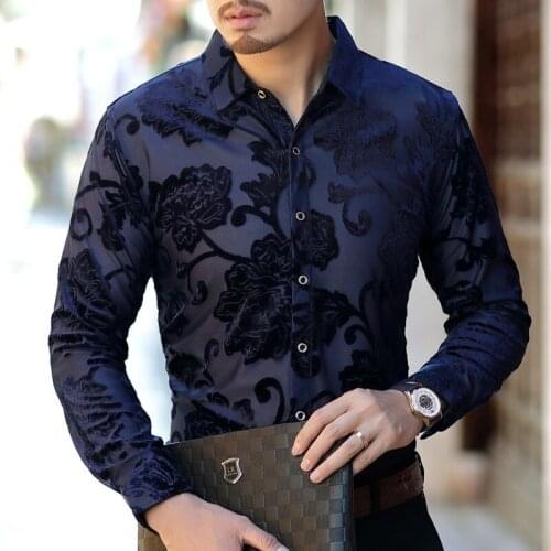 Brand New Mens Button Shirt Floral Designer Shirt Men 2019 Long Sleeve Camisa Hombre Flower Velvet Shirt Camicia Uomo