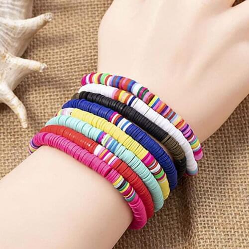 B2360 Bohemian Colorful Polymer Clay Bead Charm Bracelet Elastic Bangles Bead Stretch Bracelet Handmade Fashion New Design Beach
