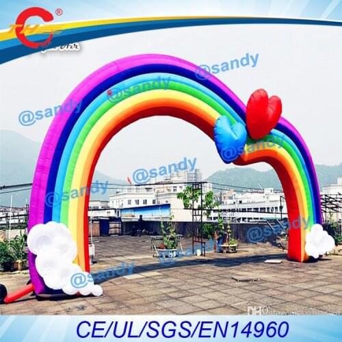 Free air ship to door,10mW giant outdoor rainbow inflatable arch with clouds and hearts for wedding