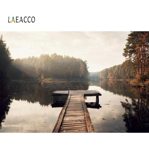 Laeacco Green Lake Forest Tree Port Wooden Bridge Autumn Natural Scenic Photo Backdrop For Photo Studio Photography Background