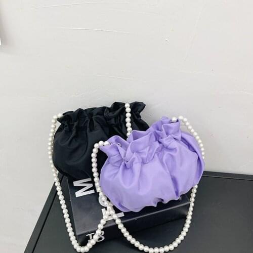 Fashion Pleated Pearl Chain Shoulder Crossbody Bags Pure Color Messenger Pouch Casual Ladies Drawstring Small Womens Bag Purses