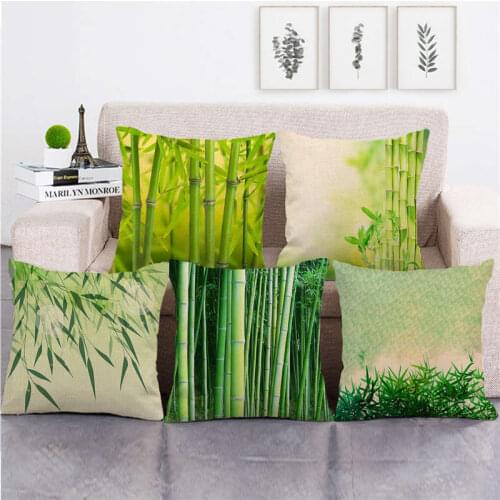 Green Bamboo Leaf Forest Pattern Cushion Cover Chinese Ink Painting Series Linen Pillowcase Decorative Pillow Covers