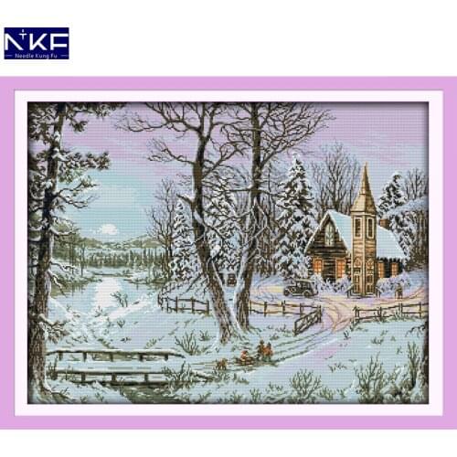 NKF The Winter Snowscape Stamped Cross Stitch Pattern DIY Kits Needlework Embroidery Set Chinese Cross Stitch for Home Decor