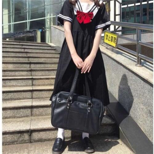 New Japanese Preppy Style Summer Women Cute Dress Sailor Collar Black Loose JK Dress Short Sleeve Cotton School Uniform With Bow