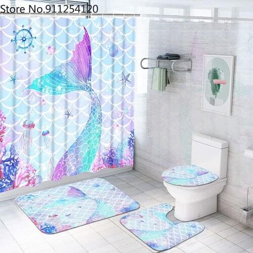 Mermaid Shower Curtain Set with Non-Slip Rugs Toilet Lid Cover Bath Mat Ocean Shower Curtains Coral Starfish Shower Curtains Set