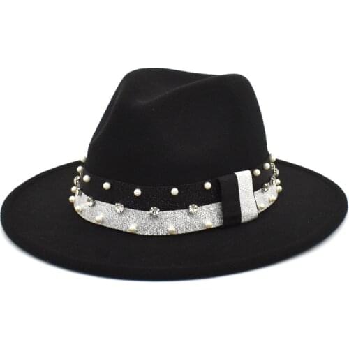 Wool Jazz Fedora Hats Casual Men Women Leather Pearl ribbon Felt Hat white pink yellow Panama Trilby Formal Party Cap 58-61CM