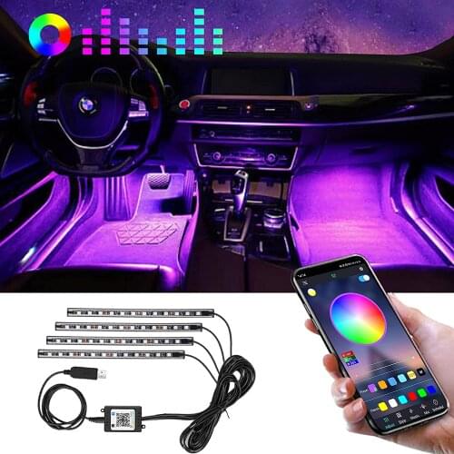 LED Car Foot Light Ambient Lamp With USB Wireless Remote Music Control Multiple Modes Automotive Interior Decorative Lights