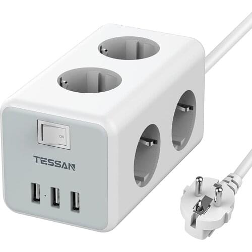 TESSAN Wall Mountable EU Plug Socket Home/Office/ Desktop Power Strip with 3 USB 6 Outlets On/Off Switch and 2M Extension Cable