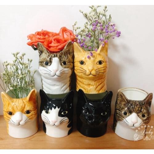 Animal Cat Shape Ceramic Vase Pen Holder Home Soft Decoration Hand-painted Ceramic Decoration Gift