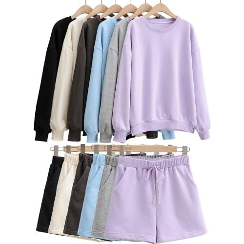 Spring New Loose Women Pullover Solid Color Sweatshirt High Waist Wide Leg Shorts Casual Suit Women 2 Piece Sets Womens Outfits