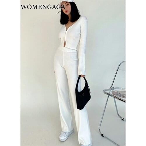WOMENGAGA Workout Girls Sportswear Casual Suit Womens Slim Stretch Knitting Loose Straight Casual Pants Sweater Suit V8DH