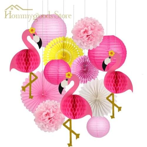 15Pcs Weeding Party Decoration Pink Flamingo Honeycomb Ball Childrens Stickers Party Paper Fan Suit Festival Paper Lanterns