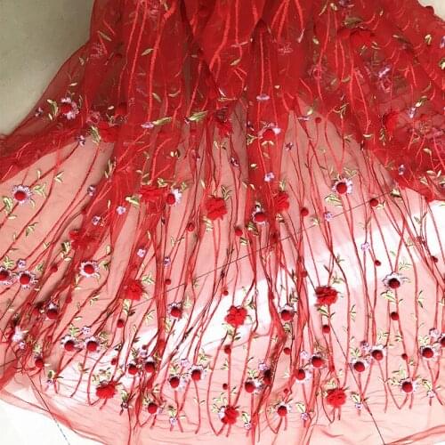3Y/lot Red 3D pompom embroidery perspective chiffon flower mesh fabric dress wedding background decoration