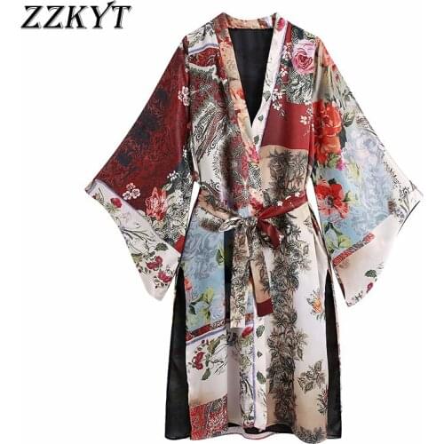 ZZKYT 2021 Women Spring Fashion Patchwork Print Split Long Blouses Vintage Bow Tie Sashes Long Sleeve Female Shirts Casual Tops
