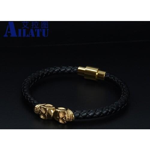 Gold Color Double Skull Bracelet Top Quality Genuine Leather Skeleton Charm Stainless Steel Clasp Mens Jewelry Drop Shipping