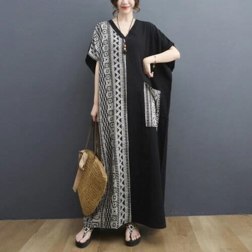 One-Piece Elegant V-Neck Loose Cotton Linen Dress Female Robe 2021 Summer Large Size WomenS Dress Vintage Contrast Maxi Dresses