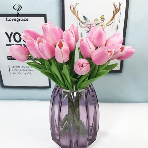 9pcs Real Touch PU Artificial Flowers Tulip Wedding Bridal Bouquet Floral Party Home Table Vase Bedside Decorative Fake Flowers