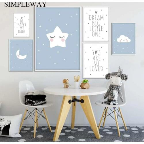 Blue Moon Star Cartoon Poster Nursery Quote Print Minimalist Wall Art Canvas Painting Nordic Kid Baby Bedroom Decoration Picture