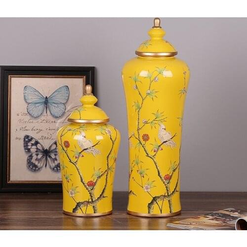 American Style ceramic temple jar Decals Hand Painted Flowers And Birds Ceramic Pot decorative porcelain Ginger jar with lid