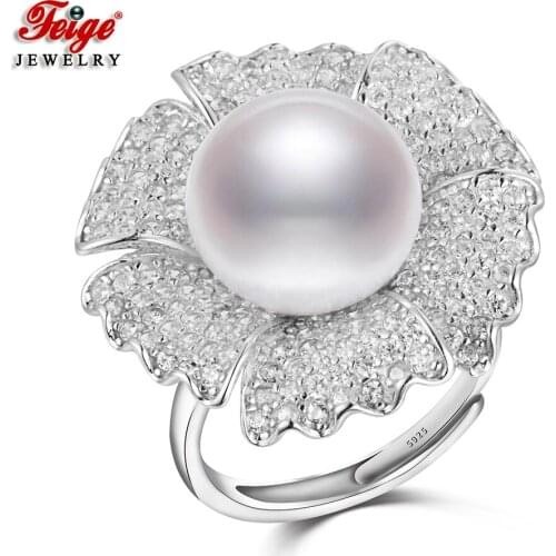 Big Flower 925 Sterling Silver 12-13MM Freshwater Cultured Pearl Rings for Womens Beautiful Ring Party Jewelry FEIGE