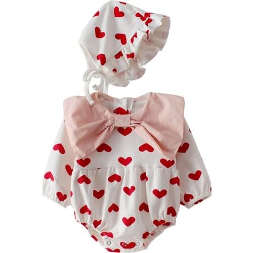 0-24M Big Bow Heart Print Newborn Infant Baby Romper with Hat 100% Cotton Onesies Spring Summer Autumn Playsuits
