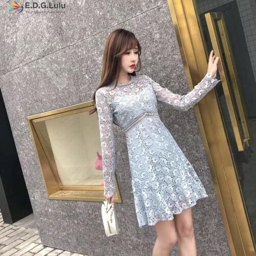 EDGLulu lace dress white pink blue Korean long sleeve spring runway mini 2019 high quality elegant see through dress