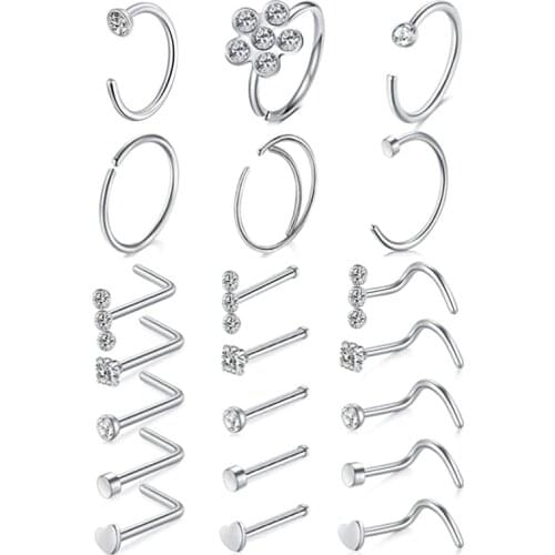 L Shape Nose Ring Curve Pack Crystal Straight Nose Ring Set Nose Stud Lot Piercing Nariz Cuff Nase Pircing Nose Clip Body