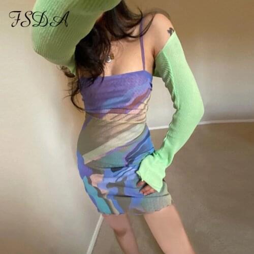 FSDA Summer Print Mesh Bodycon Dress Women Spaghetti Strap Beach 2021 Y2K Party Sleeveless Red Sexy Dresses Fashion