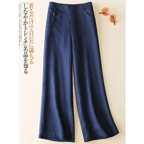 Limiguyue Summer Plus Size Elastic High Waist Pants Cotton Linen Wide Leg Women Pocket Casual Trousers Long Capri Pantalon K1687