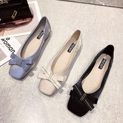 Metal Chain bow-knot moccasins femme silk ballerina shoes women espadrilles slip on loafers 2020 hot sale square toe flats woman