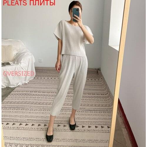 Miyake Fold Suit Womens Fashion Casual Summer New Style Comfortable Sweater Pants Two-piece Suit PLEATS Trousers Set 2 Piece