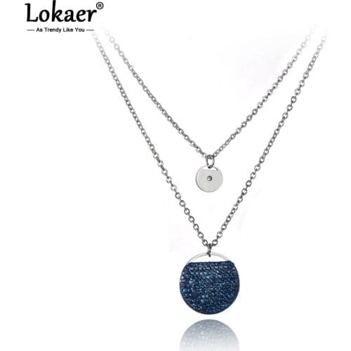 Lokaer Trendy Titanium Stainless Steel Double Layers Dark Blue Rhinestones Round Shape Choker Necklaces For Women Girls N19168