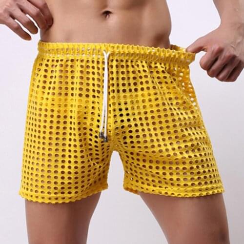 Men Boxers sexy mesh fishing net Boxers See Through Hollow out Drawstring shorts breathable Boxers Beach shorts Mens underwear